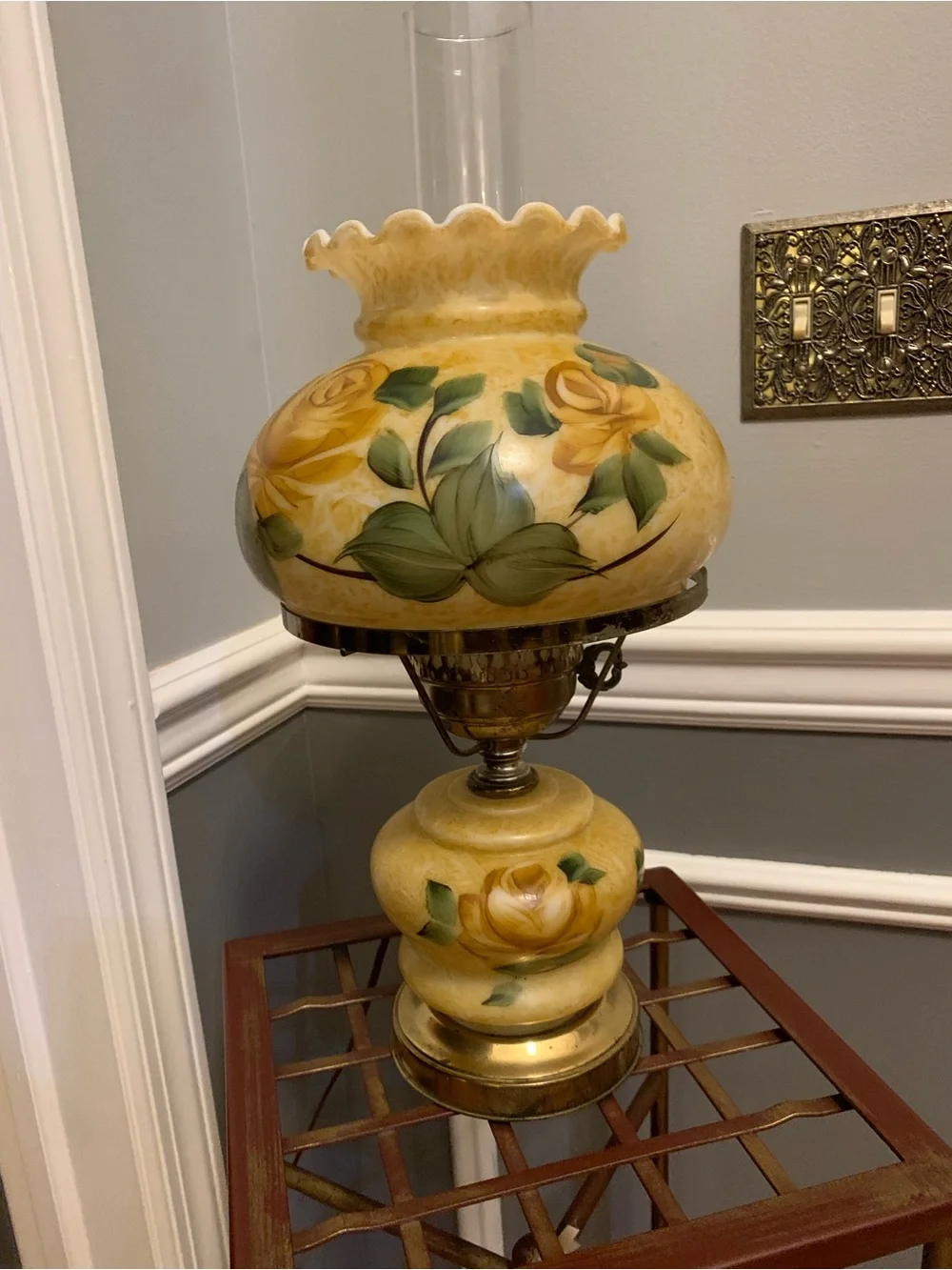 Hurricane Parlor Lamp 3-Way 18” Tall Hand Painted Floral Victorian Style